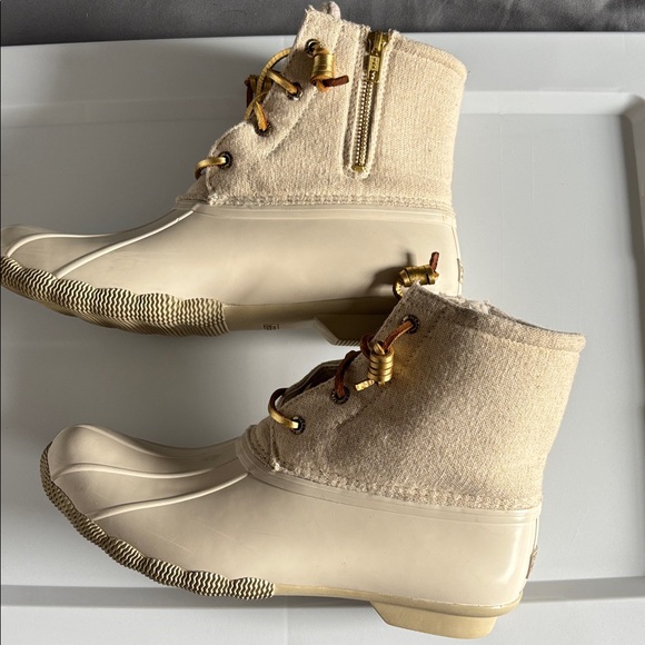 Sperry Duck Boots Womens Sz 10 Beige Canvas Rubber Rain/Snow Lace Up Waterproof - Picture 5 of 9